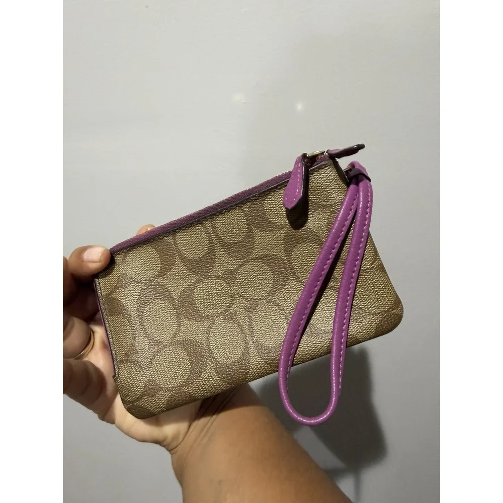 Coach Double Zip Large Wristlet Khaki /purple Signature P